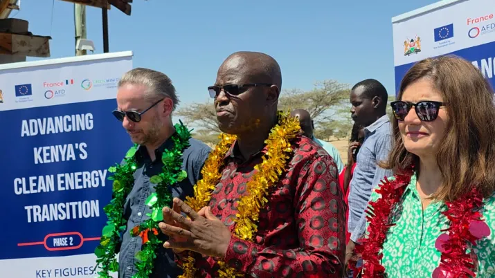 From left, Ambassador of France to Kenya, H.E Arnaud Suquet, Turkana County Governor H.E Jeremiah Ekamais Lomorukai Napotikan and EU ambassador to Kenya H.E Henriette Geiger during the GMG commissioning ceremony